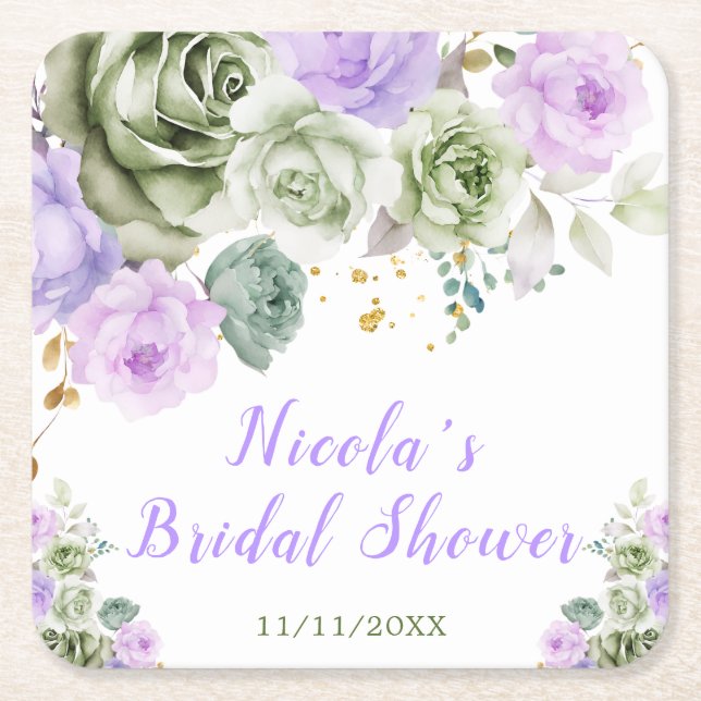 Sage Green and Purple Floral Bridal Shower Square Paper Coaster (Front)