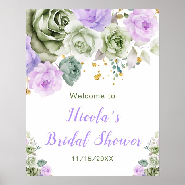 Sage Green and Purple Floral Bridal Shower Welcome Poster (Front)