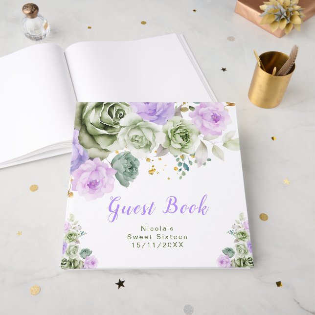 Sage Green and Purple Floral Sweet Sixteen Guest Book (Front Open)