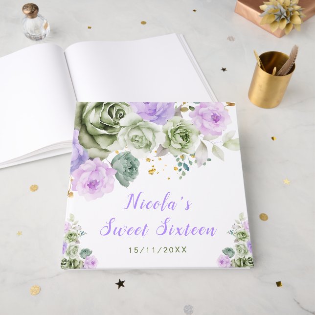 Sage Green and Purple Floral Sweet Sixteen Guest Book (Front Open)