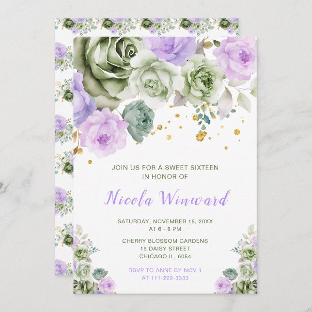 Sage Green and Purple Floral Sweet Sixteen Invitation (Front/Back)