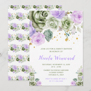 Sage Green and Purple Floral Sweet Sixteen Invitation