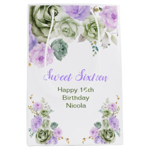 Sage Green and Purple Floral Sweet Sixteen Medium Gift Bag