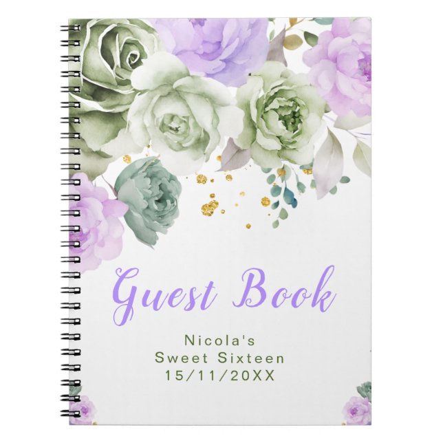 Sage Green and Purple Floral Sweet Sixteen Notebook (Front)