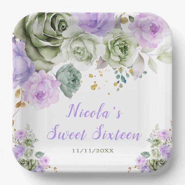 Sage Green and Purple Floral Sweet Sixteen Paper Plate (Front)