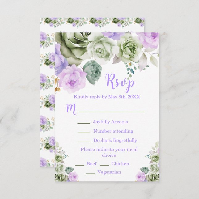Sage Green and Purple Floral Sweet Sixteen  RSVP Card (Front/Back)