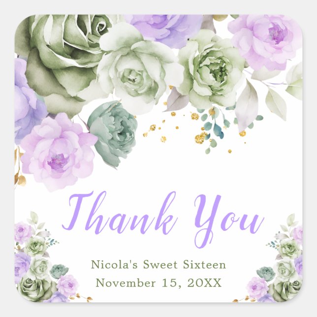 Sage Green and Purple Floral Sweet Sixteen Square Sticker (Front)