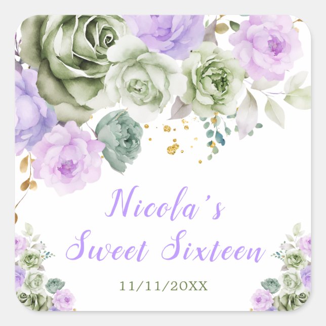 Sage Green and Purple Floral Sweet Sixteen Square Sticker (Front)
