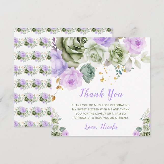 Sage Green and Purple Floral Sweet Sixteen Thank You Card (Front/Back)