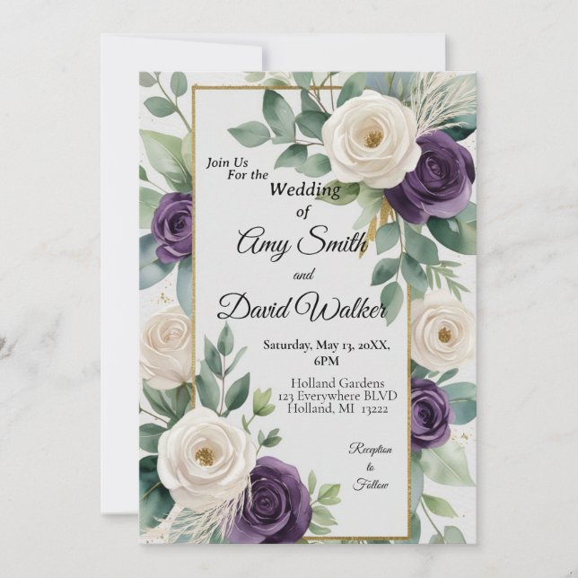 Sage Green and Purple Floral wedding invitation (Front)