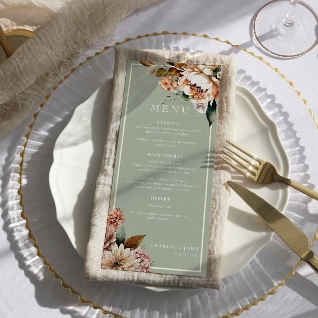 Sage Green and Rose Gold Elegant Flowers Wedding Menu (Creator Uploaded)