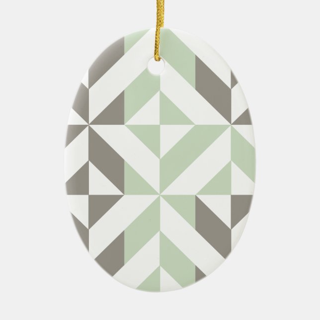 Sage Green and Silver Geometric ZigZag Ceramic Tree Decoration (Front)