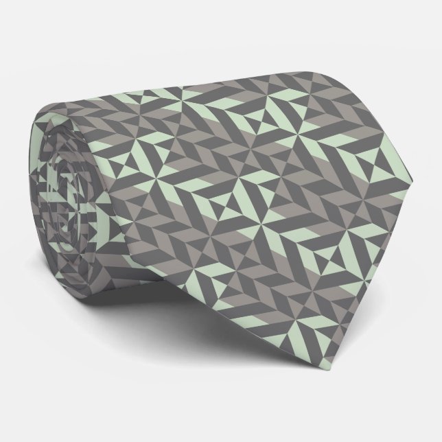 Sage Green and Silver Geometric ZigZag Tie (Rolled)