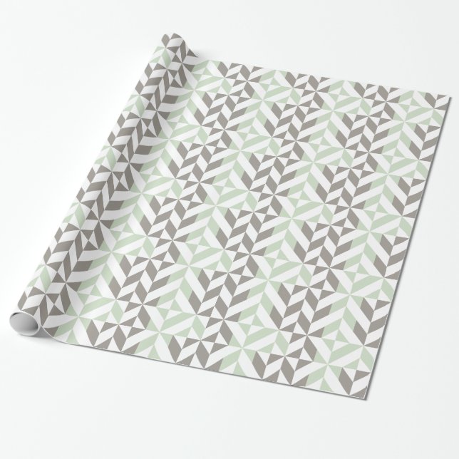 Sage Green and Silver Geometric ZigZag Wrapping Paper (Unrolled)