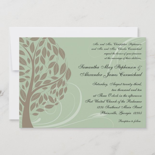 Sage Green and Soft Brown Stylised Eco Tree Invitation (Front)
