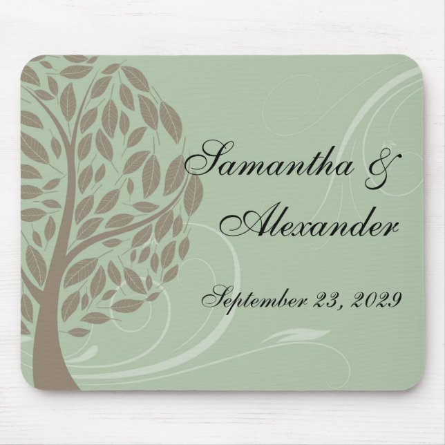 Sage Green and Soft Brown Stylised Eco Tree Mouse Mat (Front)
