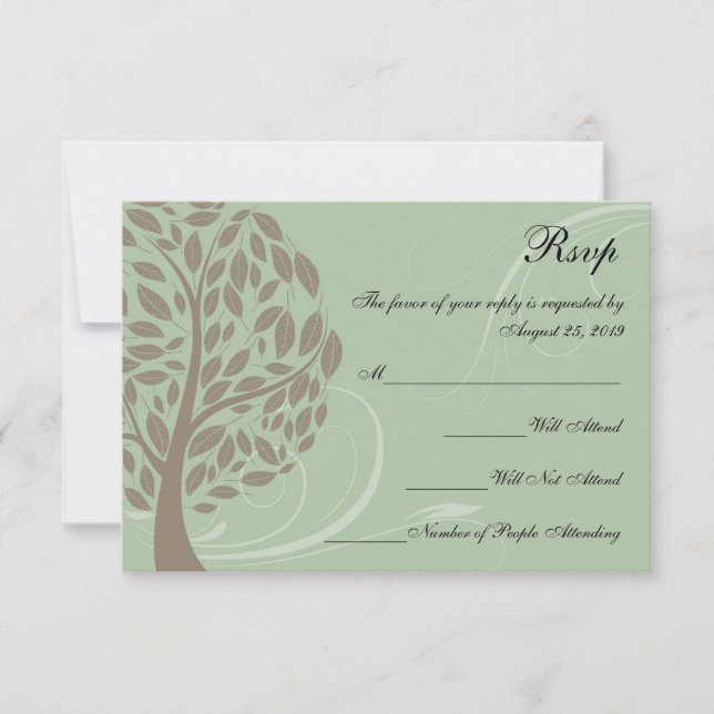 Sage Green and Soft Brown Stylised Eco Tree RSVP Card (Front)