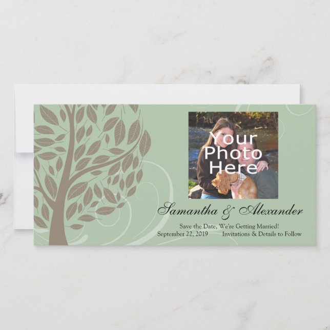 Sage Green and Soft Brown Stylised Eco Tree Save The Date (Front)