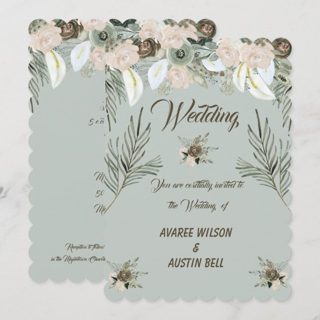 Sage Green and Vanilla Cream Wedding Invitation (Front/Back)
