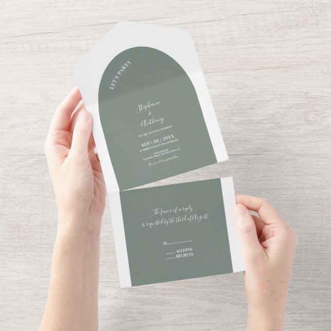 Sage Green and White Arch Wedding  All In One Invitation (Tearaway)