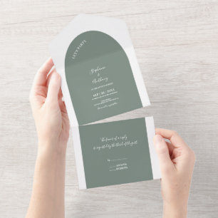 Sage Green and White Arch Wedding All In One Invitation