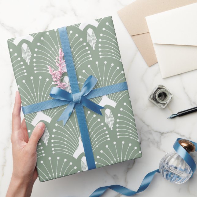 Sage green and white art-deco pattern wrapping paper (Gifting)