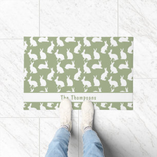 Sage Green And White Bunnies With Name Easter Doormat