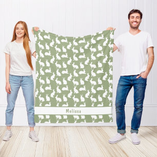 Sage Green And White Bunny Pattern And Name Easter Fleece Blanket