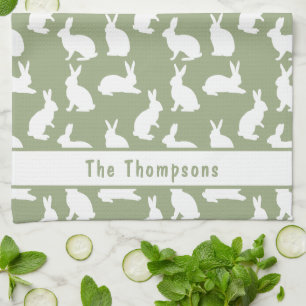 Sage Green And White Bunny Pattern And Name Easter Tea Towel