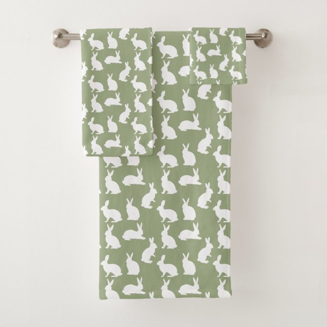 Sage Green And White Bunny Pattern Cute Easter Bath Towel Set (Insitu)