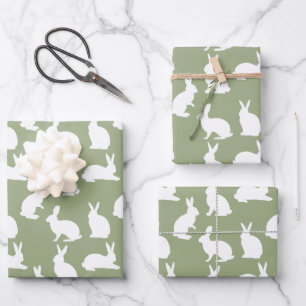Sage Green And White Bunny Pattern Modern Easter Wrapping Paper Sheet
