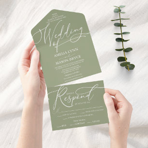 Sage Green and White Calligraphy Script Wedding All In One Invitation
