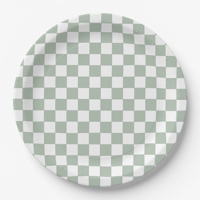 Sage Green and White Checkered Paper Plate (Front)