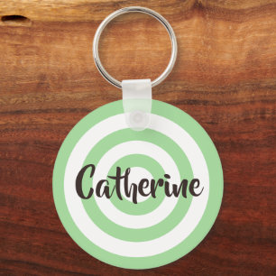 Sage Green and White Circles Brown Custom Name Key Ring