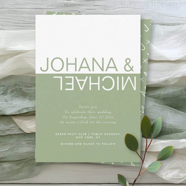 Sage green and white colorblock whimsical wedding  invitation (Creator Uploaded)