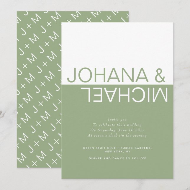 Sage green and white colorblock whimsical wedding  invitation (Front/Back)