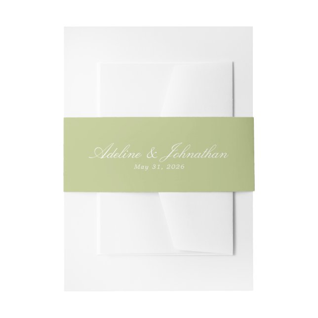 Sage Green and White Couples Name and Wedding Date Invitation Belly Band (Front Example)