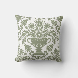 Sage Green and White Damask Floral Pattern Elegant Cushion