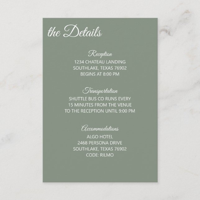 Sage Green and White Details Enclosure Card (Front)