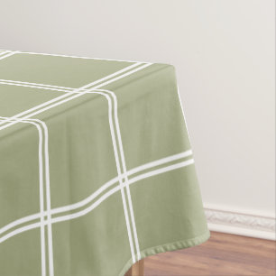 Sage Green and White Double Stripe Plaid Tablecloth