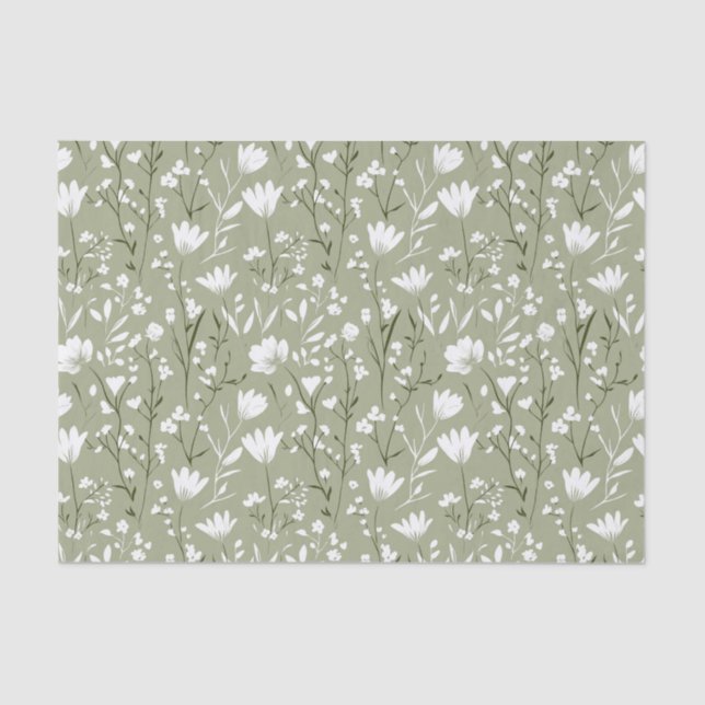 Sage Green and White Floral Bridal Birthday  Tissue Paper (Front)
