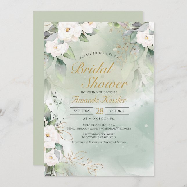Sage Green and White Floral  Elegant Bridal Shower Invitation (Front/Back)