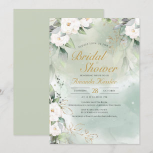 Sage Green and White Floral  Elegant Bridal Shower Invitation