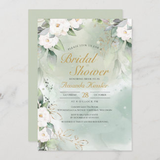 Sage Green and White Floral Elegant Bridal Shower Invitation
