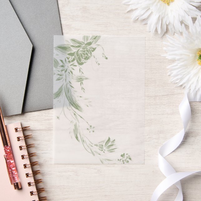 Sage green and white floral garland wedding vellum invitations (Wedding)