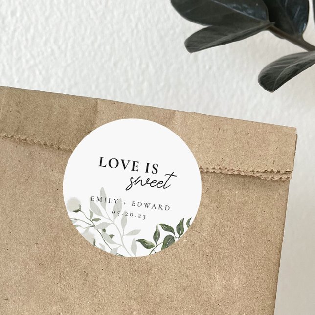 Sage Green and White Floral Love is Sweet Wedding Classic Round Sticker (Creator Uploaded)