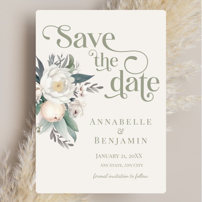 Sage Green and White Floral Save the Date Invitation (Creator Uploaded)