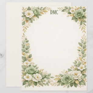 Sage Green and White Floral Stationery Paper
