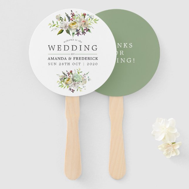 Sage Green and White Floral Wedding Favour Hand Fan (Front and Back)