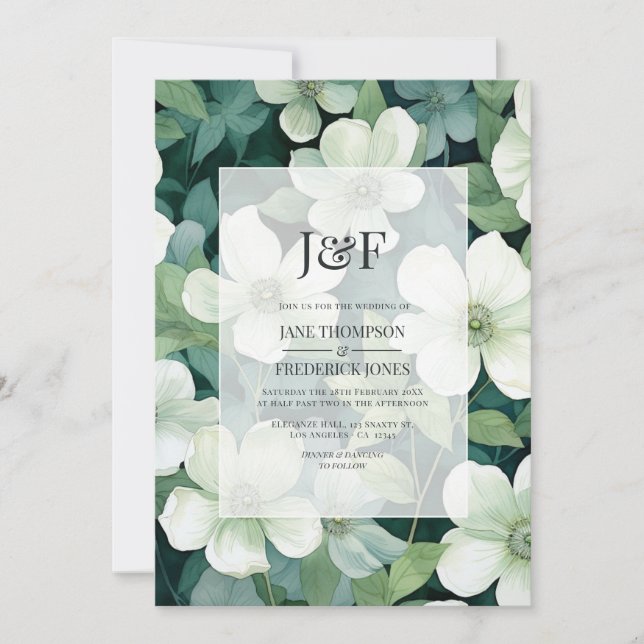 Sage Green and White Floral Wedding Monogram Invitation (Front)